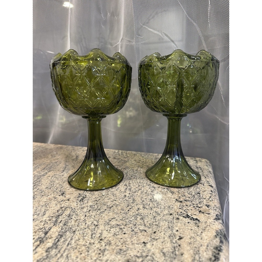 Set Vintage Indiana Glass Avocado Green Pedestal Diamond Compote Candy Dish Vase